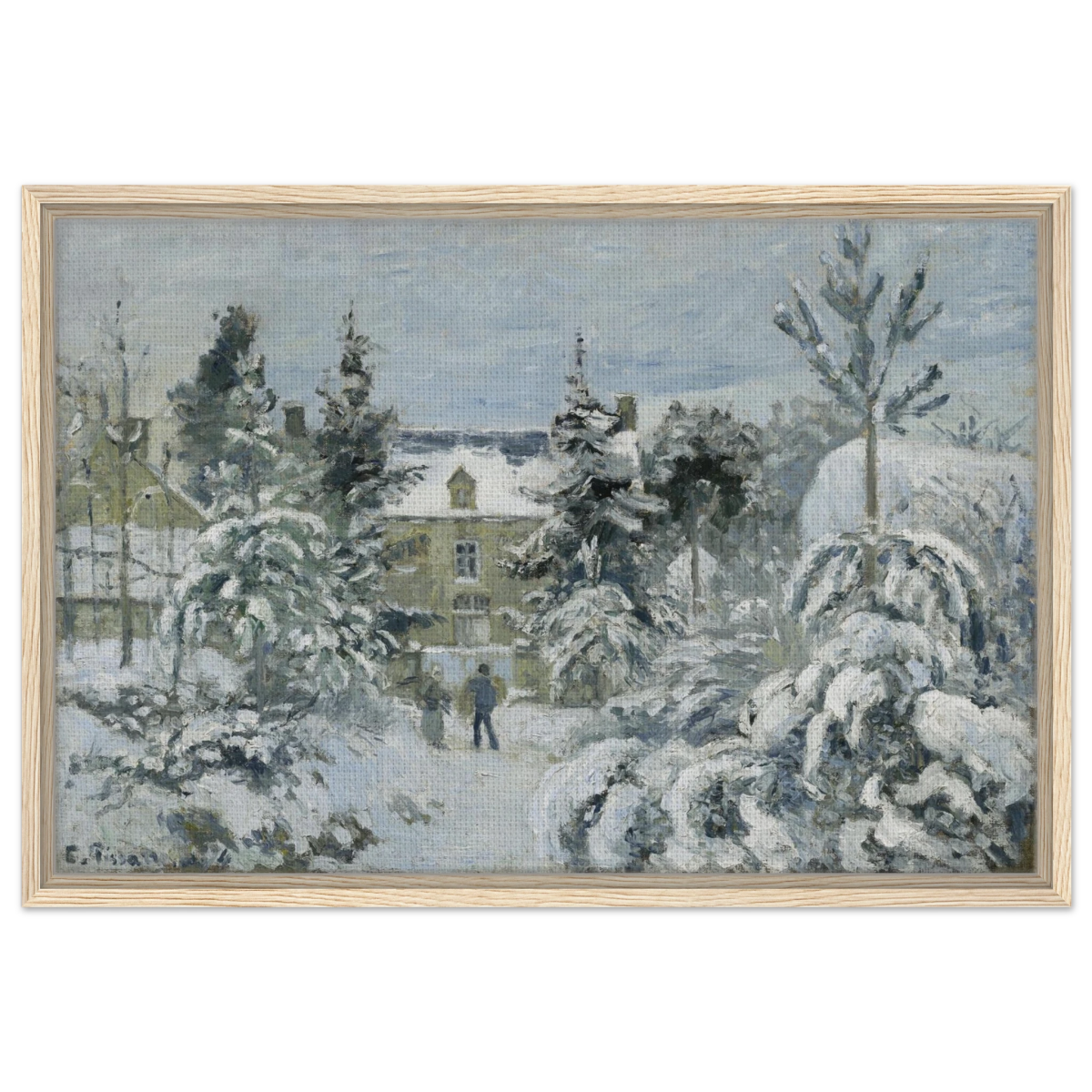 Snow at Éragny – Winter Impressionist Wall Art Print by Camille Pissarro - Framed Canvas - 50x75 cm / 20x30″ - Wood frame