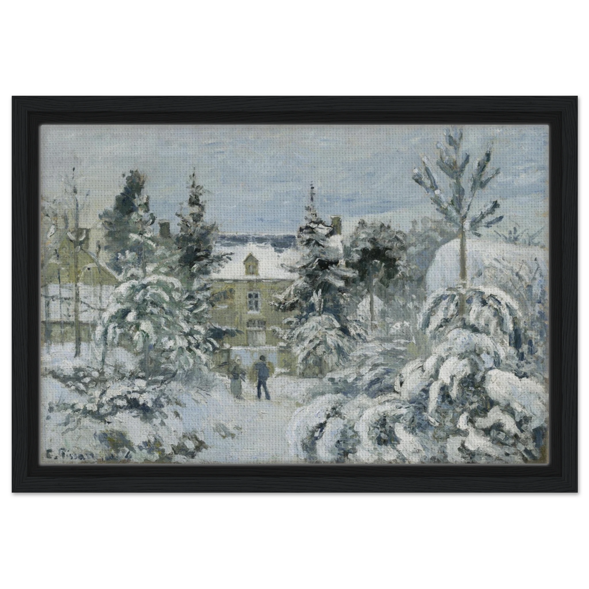 Snow at Éragny – Winter Impressionist Wall Art Print by Camille Pissarro - Framed Canvas - 30x45 cm / 12x18″ - Black frame