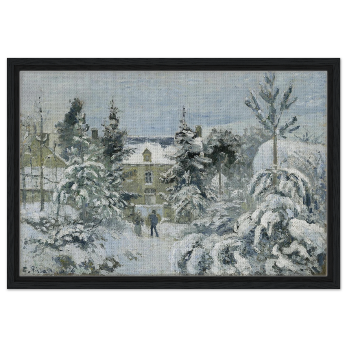 Snow at Éragny – Winter Impressionist Wall Art Print by Camille Pissarro - Framed Canvas - 40x60 cm / 16x24″ - Black frame