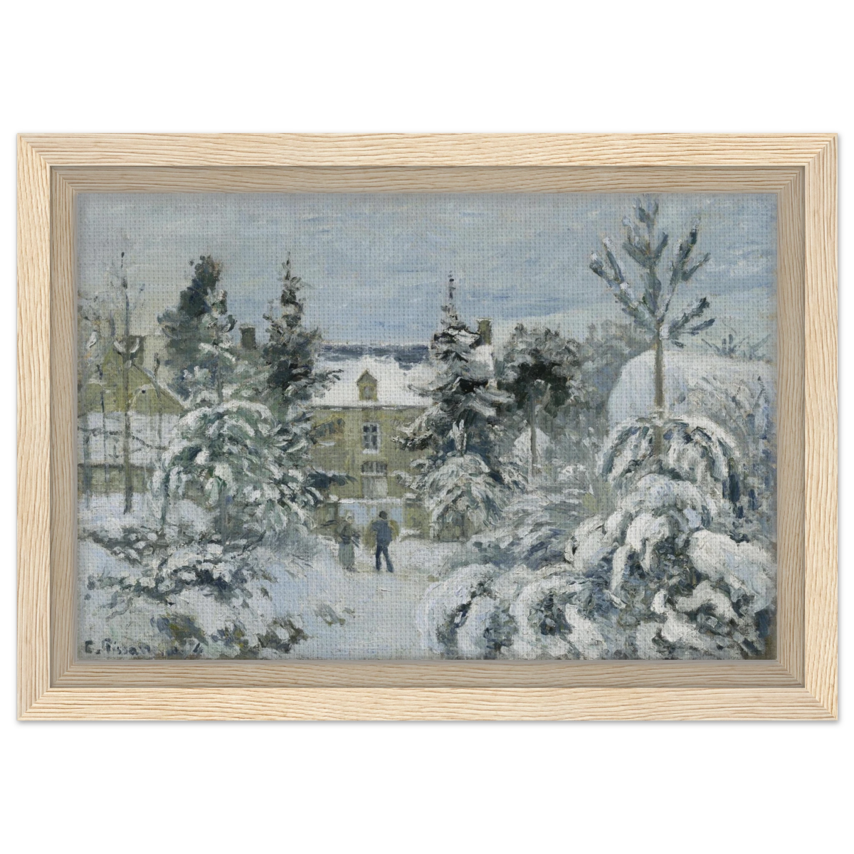 Snow at Éragny – Winter Impressionist Wall Art Print by Camille Pissarro - Framed Canvas - 20x30 cm / 8x12″ - Wood frame