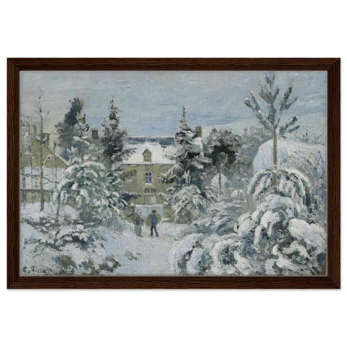 Snow at Éragny – Winter Impressionist Wall Art Print by Camille Pissarro - Framed Canvas - 40x60 cm / 16x24″ - Dark wood frame
