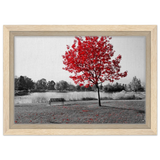 "Solitude in Crimson" – Red Tree by the Lake | Minimalist Nature Wall Art Print - Framed Canvas - 20x30 cm / 8x12″ - Wood frame