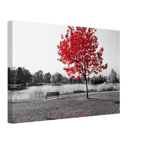 "Solitude in Crimson" – Red Tree by the Lake | Minimalist Nature Wall Art Print - Canvas - 30x45 cm / 12x18″ - 