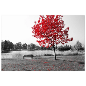 "Solitude in Crimson" – Red Tree by the Lake | Minimalist Nature Wall Art Print - Fine Art Poster - 60x90 cm / 24x36″ - 