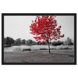 "Solitude in Crimson" – Red Tree by the Lake | Minimalist Nature Wall Art Print - Framed Canvas - 50x75 cm / 20x30″ - Black frame