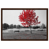"Solitude in Crimson" – Red Tree by the Lake | Minimalist Nature Wall Art Print - Framed Canvas - 50x75 cm / 20x30″ - Dark wood frame