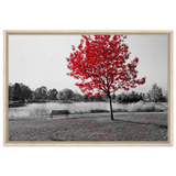 "Solitude in Crimson" – Red Tree by the Lake | Minimalist Nature Wall Art Print - Framed Canvas - 60x90 cm / 24x36″ - Wood frame