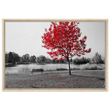 "Solitude in Crimson" – Red Tree by the Lake | Minimalist Nature Wall Art Print - Framed Canvas - 60x90 cm / 24x36″ - Wood frame