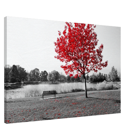 "Solitude in Crimson" – Red Tree by the Lake | Minimalist Nature Wall Art Print - Canvas - 60x90 cm / 24x36″ - 