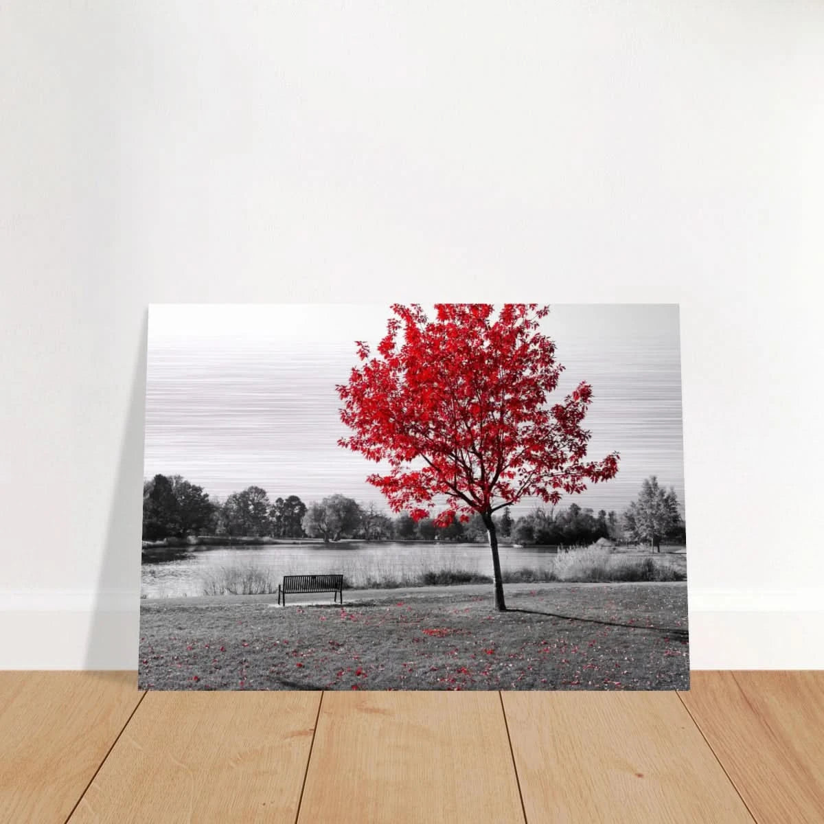 "Solitude in Crimson" – Red Tree by the Lake | Minimalist Nature Wall Art Print - Brushed Aluminum Print - 70x100 cm / 28x40″ - 