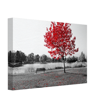 "Solitude in Crimson" – Red Tree by the Lake | Minimalist Nature Wall Art Print - Canvas - 20x30 cm / 8x12″ - 