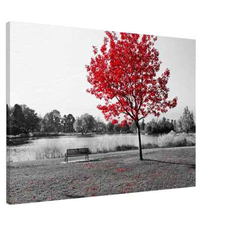 "Solitude in Crimson" – Red Tree by the Lake | Minimalist Nature Wall Art Print - Canvas - 70x100 cm / 28x40″ - 