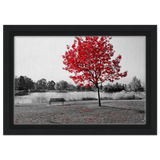 "Solitude in Crimson" – Red Tree by the Lake | Minimalist Nature Wall Art Print - Framed Canvas - 20x30 cm / 8x12″ - Black frame