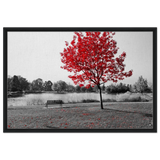 "Solitude in Crimson" – Red Tree by the Lake | Minimalist Nature Wall Art Print - Framed Canvas - 60x90 cm / 24x36″ - Black frame