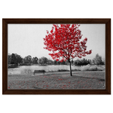 "Solitude in Crimson" – Red Tree by the Lake | Minimalist Nature Wall Art Print - Framed Canvas - 30x45 cm / 12x18″ - Dark wood frame
