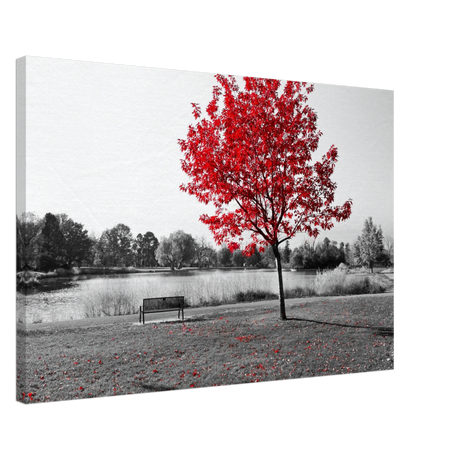 "Solitude in Crimson" – Red Tree by the Lake | Minimalist Nature Wall Art Print - Canvas - 50x75 cm / 20x30″ - 