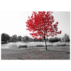 "Solitude in Crimson" – Red Tree by the Lake | Minimalist Nature Wall Art Print - Fine Art Poster - 70x100 cm / 28x40″ - 