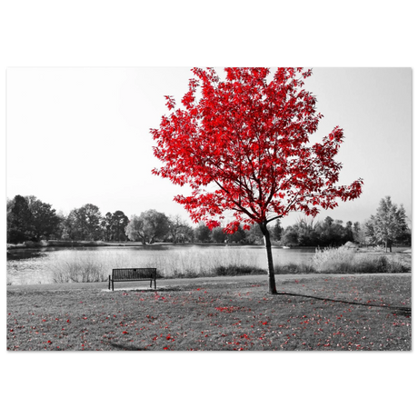 "Solitude in Crimson" – Red Tree by the Lake | Minimalist Nature Wall Art Print - Fine Art Poster - 70x100 cm / 28x40″ - 