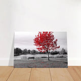 "Solitude in Crimson" – Red Tree by the Lake | Minimalist Nature Wall Art Print - Brushed Aluminum Print - 60x90 cm / 24x36″ - 
