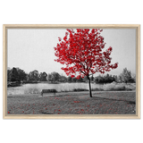 "Solitude in Crimson" – Red Tree by the Lake | Minimalist Nature Wall Art Print - Framed Canvas - 50x75 cm / 20x30″ - Wood frame