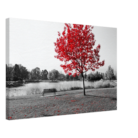 "Solitude in Crimson" – Red Tree by the Lake | Minimalist Nature Wall Art Print - Canvas - 40x60 cm / 16x24″ - 