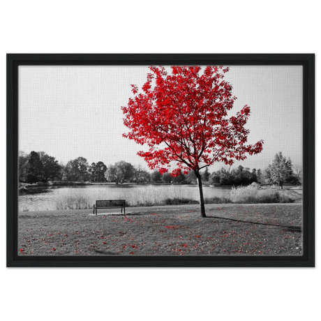 "Solitude in Crimson" – Red Tree by the Lake | Minimalist Nature Wall Art Print - Framed Canvas - 40x60 cm / 16x24″ - Black frame