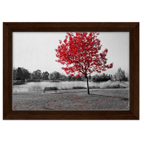"Solitude in Crimson" – Red Tree by the Lake | Minimalist Nature Wall Art Print - Framed Canvas - 20x30 cm / 8x12″ - Dark wood frame