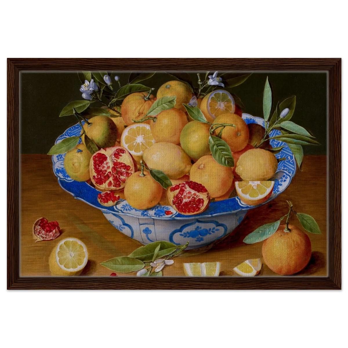 Still Life with Lemons, Oranges, and a Pomegranate by Jacob van Hulsdonck | Vintage Art Print - Framed Canvas - 40x60 cm / 16x24″ - Dark wood frame