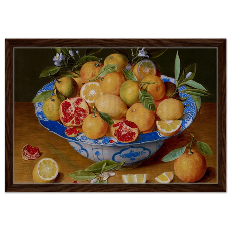 Still Life with Lemons, Oranges, and a Pomegranate by Jacob van Hulsdonck | Vintage Art Print - Framed Canvas - 40x60 cm / 16x24″ - Dark wood frame