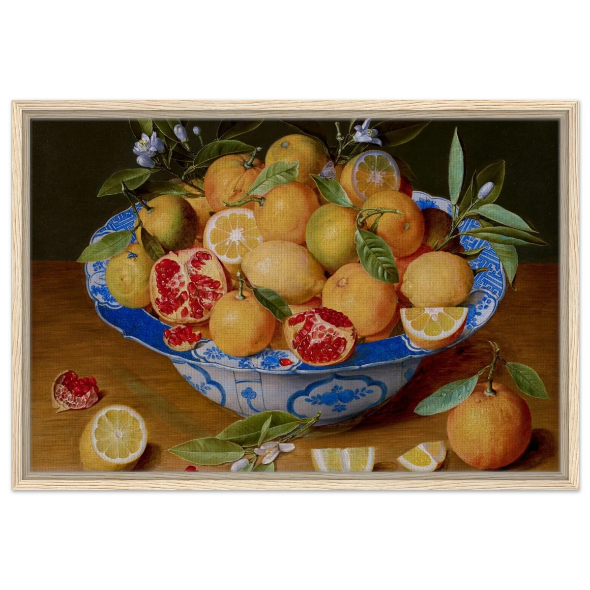 Still Life with Lemons, Oranges, and a Pomegranate by Jacob van Hulsdonck | Vintage Art Print - Framed Canvas - 50x75 cm / 20x30″ - Wood frame