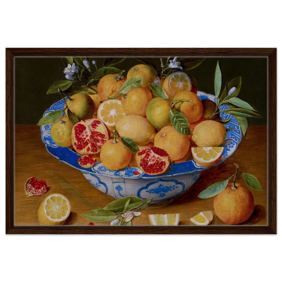 Still Life with Lemons, Oranges, and a Pomegranate by Jacob van Hulsdonck | Vintage Art Print - Framed Canvas - 50x75 cm / 20x30″ - Dark wood frame