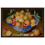 Still Life with Lemons, Oranges, and a Pomegranate by Jacob van Hulsdonck | Vintage Art Print - Framed Canvas - 50x75 cm / 20x30″ - Dark wood frame