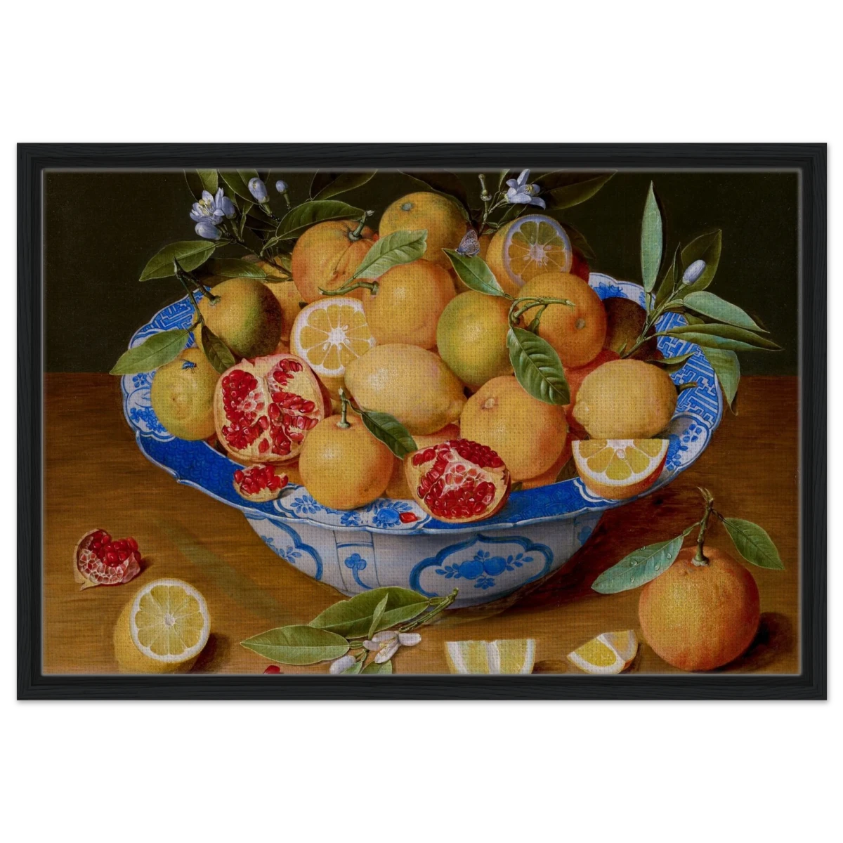 Still Life with Lemons, Oranges, and a Pomegranate by Jacob van Hulsdonck | Vintage Art Print - Framed Canvas - 50x75 cm / 20x30″ - Black frame