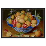 Still Life with Lemons, Oranges, and a Pomegranate by Jacob van Hulsdonck | Vintage Art Print - Framed Canvas - 50x75 cm / 20x30″ - Black frame