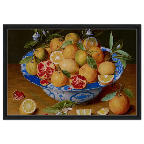 Still Life with Lemons, Oranges, and a Pomegranate by Jacob van Hulsdonck | Vintage Art Print - Framed Canvas - 50x75 cm / 20x30″ - Black frame