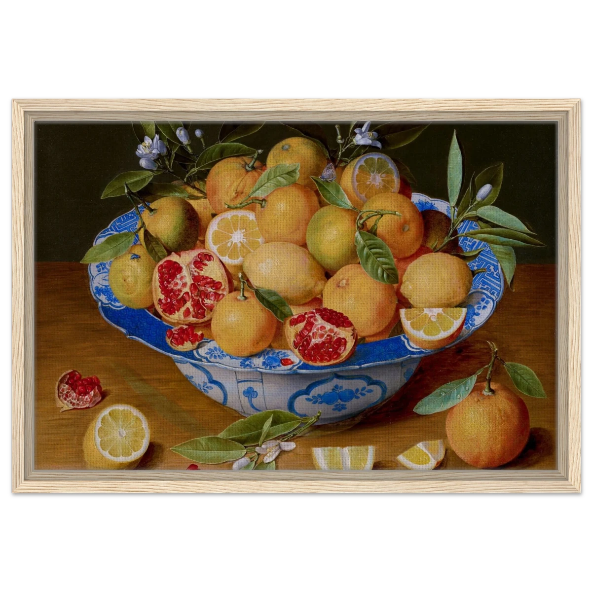 Still Life with Lemons, Oranges, and a Pomegranate by Jacob van Hulsdonck | Vintage Art Print - Framed Canvas - 40x60 cm / 16x24″ - Wood frame