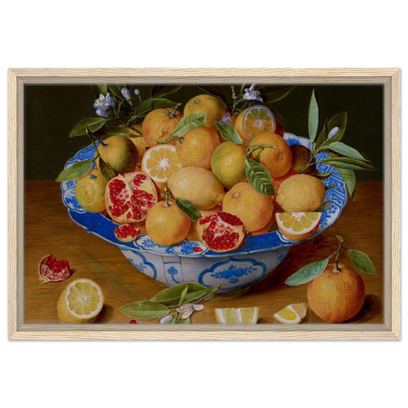 Still Life with Lemons, Oranges, and a Pomegranate by Jacob van Hulsdonck | Vintage Art Print - Framed Canvas - 40x60 cm / 16x24″ - Wood frame