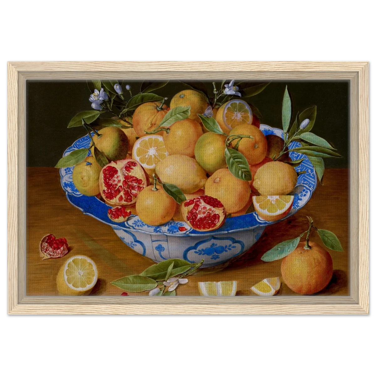 Still Life with Lemons, Oranges, and a Pomegranate by Jacob van Hulsdonck | Vintage Art Print - Framed Canvas - 30x45 cm / 12x18″ - Wood frame