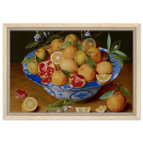 Still Life with Lemons, Oranges, and a Pomegranate by Jacob van Hulsdonck | Vintage Art Print - Framed Canvas - 30x45 cm / 12x18″ - Wood frame
