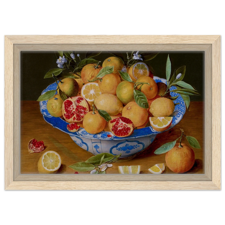 Still Life with Lemons, Oranges, and a Pomegranate by Jacob van Hulsdonck | Vintage Art Print - Framed Canvas - 20x30 cm / 8x12″ - Wood frame