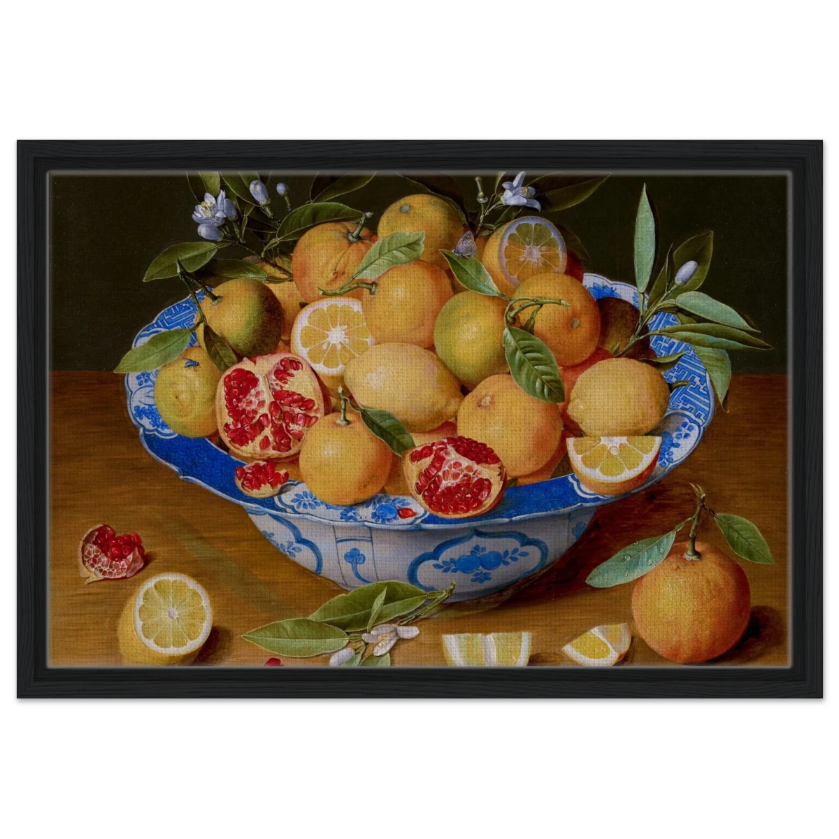 Still Life with Lemons, Oranges, and a Pomegranate by Jacob van Hulsdonck | Vintage Art Print - Framed Canvas - 40x60 cm / 16x24″ - Black frame