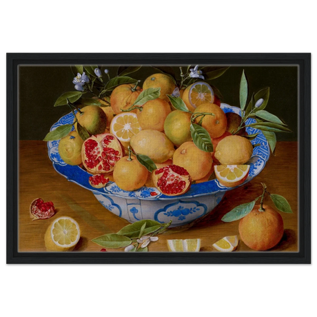 Still Life with Lemons, Oranges, and a Pomegranate by Jacob van Hulsdonck | Vintage Art Print - Framed Canvas - 40x60 cm / 16x24″ - Black frame