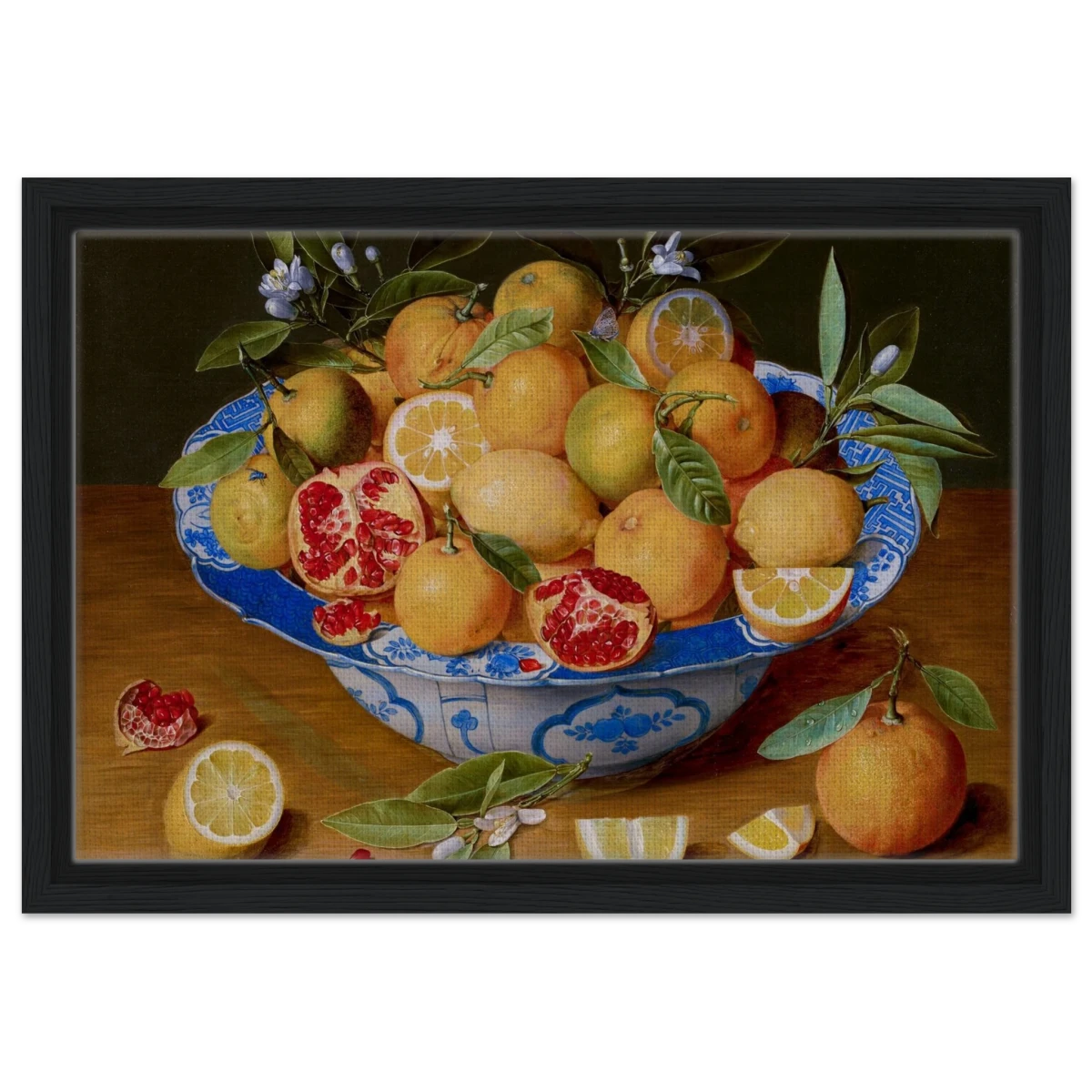 Still Life with Lemons, Oranges, and a Pomegranate by Jacob van Hulsdonck | Vintage Art Print - Framed Canvas - 30x45 cm / 12x18″ - Black frame