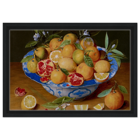 Still Life with Lemons, Oranges, and a Pomegranate by Jacob van Hulsdonck | Vintage Art Print - Framed Canvas - 30x45 cm / 12x18″ - Black frame