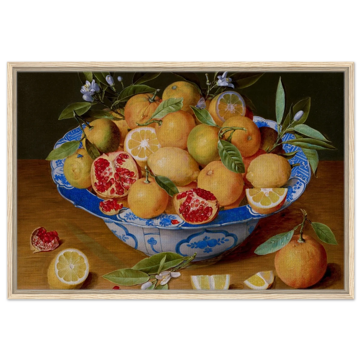Still Life with Lemons, Oranges, and a Pomegranate by Jacob van Hulsdonck | Vintage Art Print - Framed Canvas - 60x90 cm / 24x36″ - Wood frame