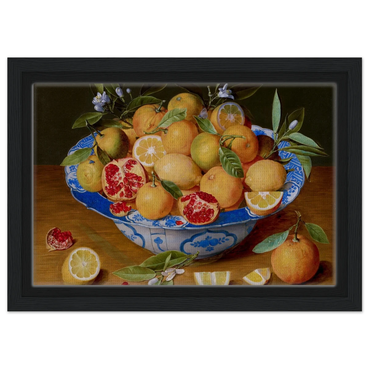 Still Life with Lemons, Oranges, and a Pomegranate by Jacob van Hulsdonck | Vintage Art Print - Framed Canvas - 20x30 cm / 8x12″ - Black frame