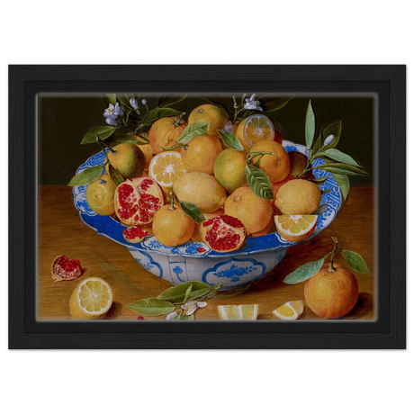 Still Life with Lemons, Oranges, and a Pomegranate by Jacob van Hulsdonck | Vintage Art Print - Framed Canvas - 20x30 cm / 8x12″ - Black frame