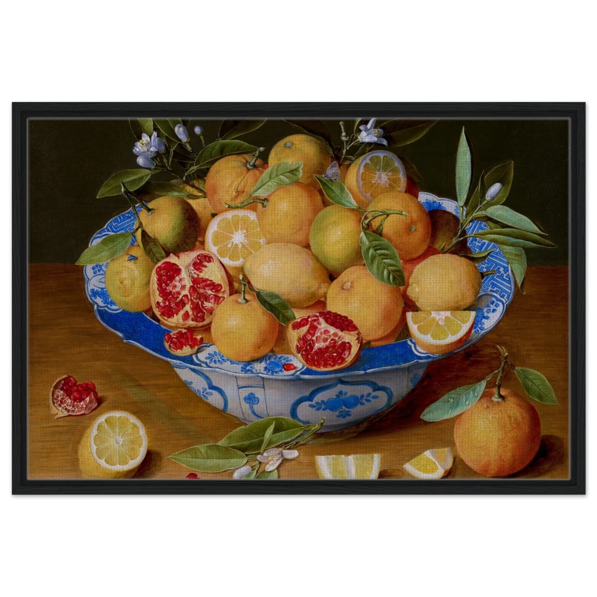 Still Life with Lemons, Oranges, and a Pomegranate by Jacob van Hulsdonck | Vintage Art Print - Framed Canvas - 60x90 cm / 24x36″ - Black frame