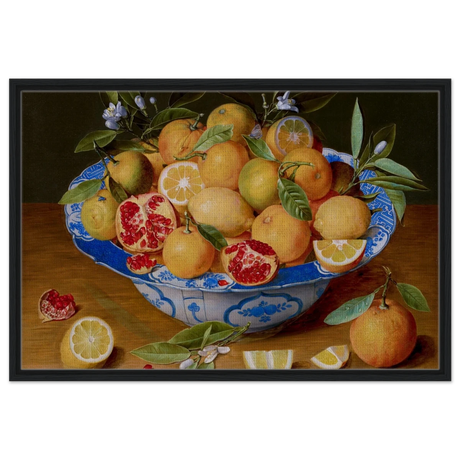 Still Life with Lemons, Oranges, and a Pomegranate by Jacob van Hulsdonck | Vintage Art Print - Framed Canvas - 60x90 cm / 24x36″ - Black frame