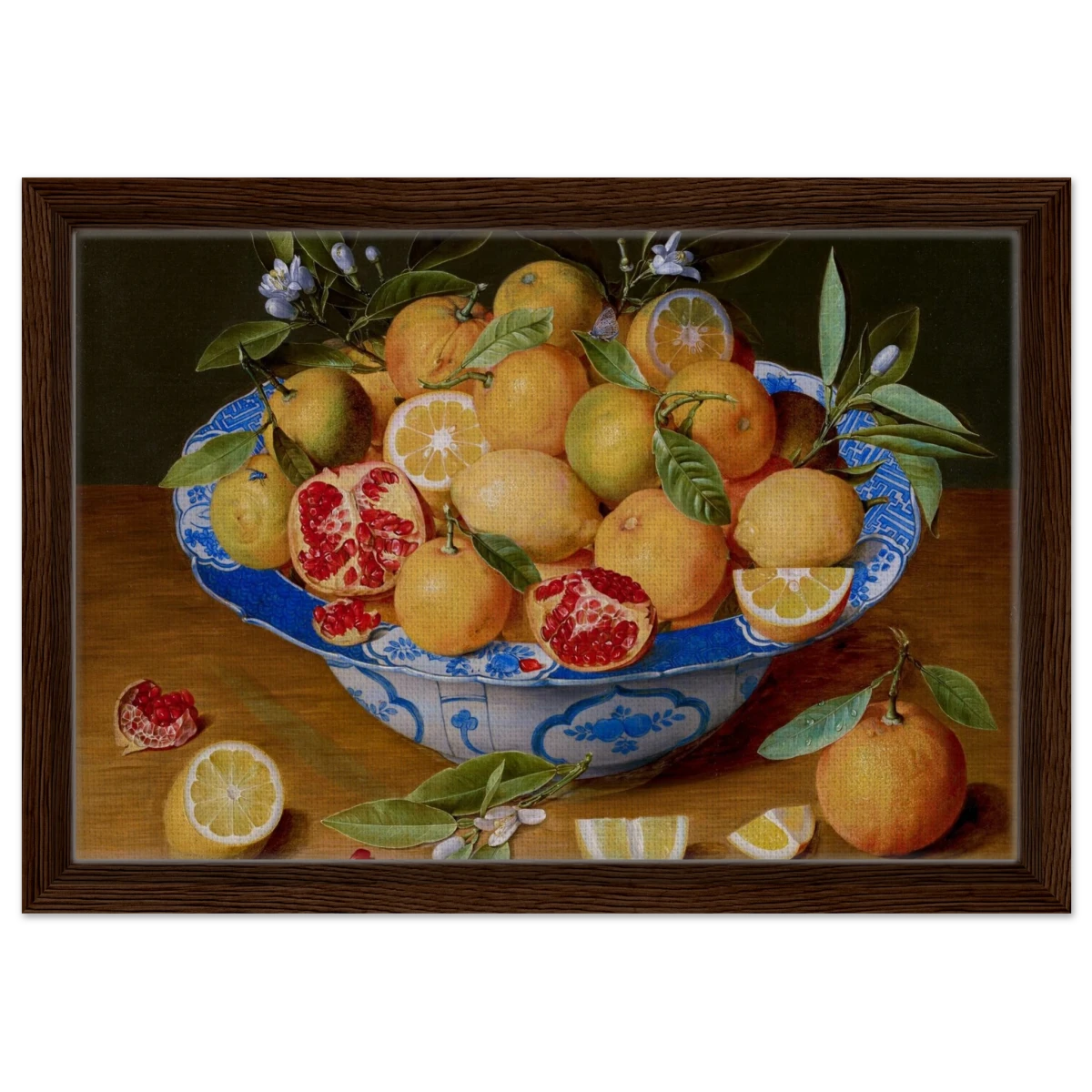 Still Life with Lemons, Oranges, and a Pomegranate by Jacob van Hulsdonck | Vintage Art Print - Framed Canvas - 30x45 cm / 12x18″ - Dark wood frame
